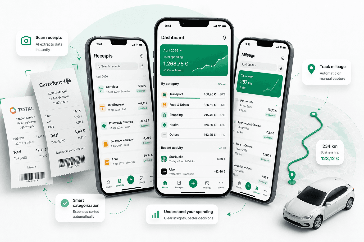 Qendo on iPhone: the receipts list, a mileage trip from Paris to Lille, and spending statistics