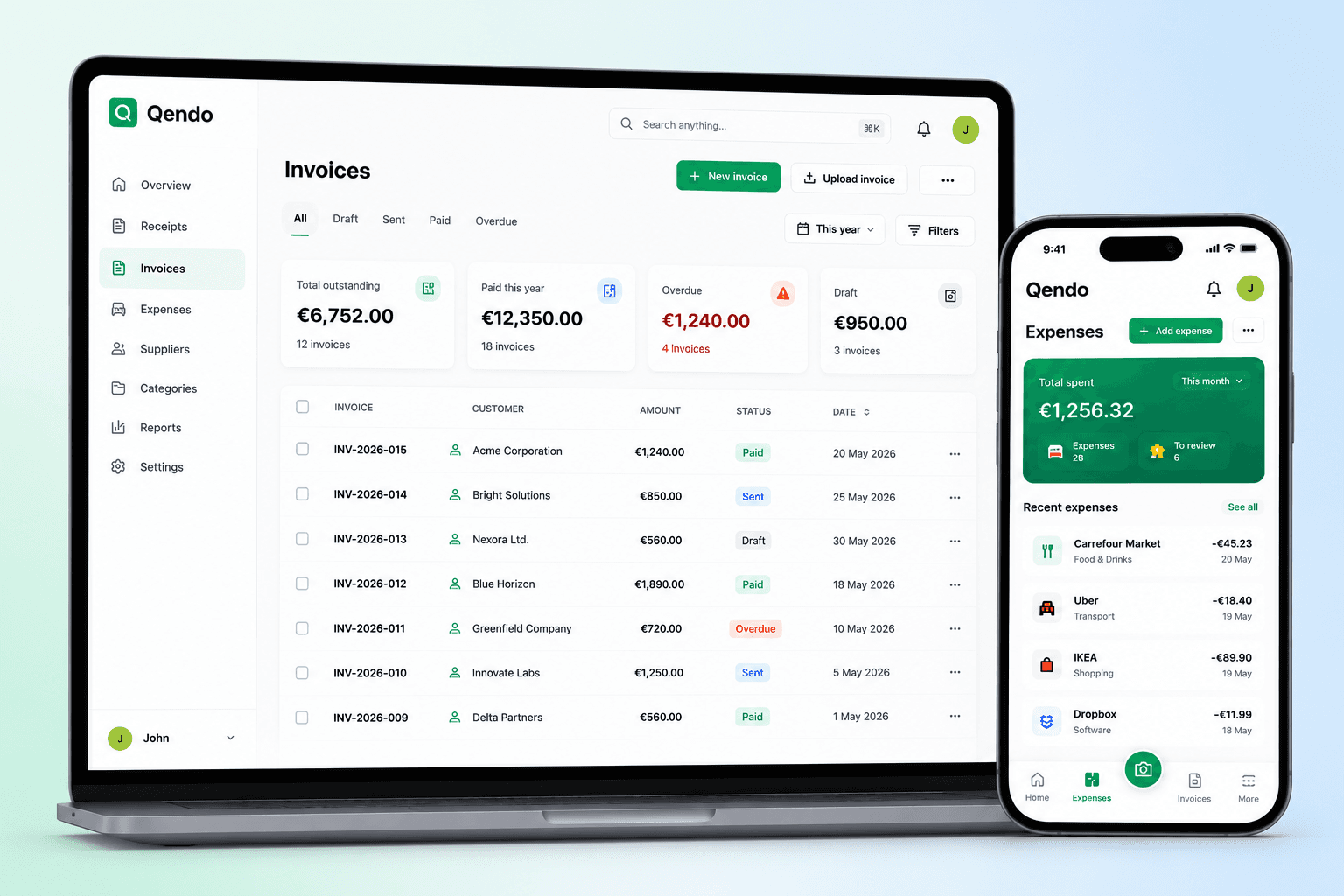 Qendo Invoices dashboard on laptop and mobile